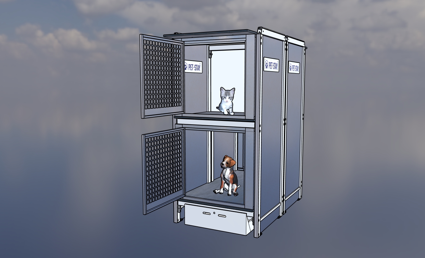 Pet-Stay modular pet shelter system with cat and dog compartments